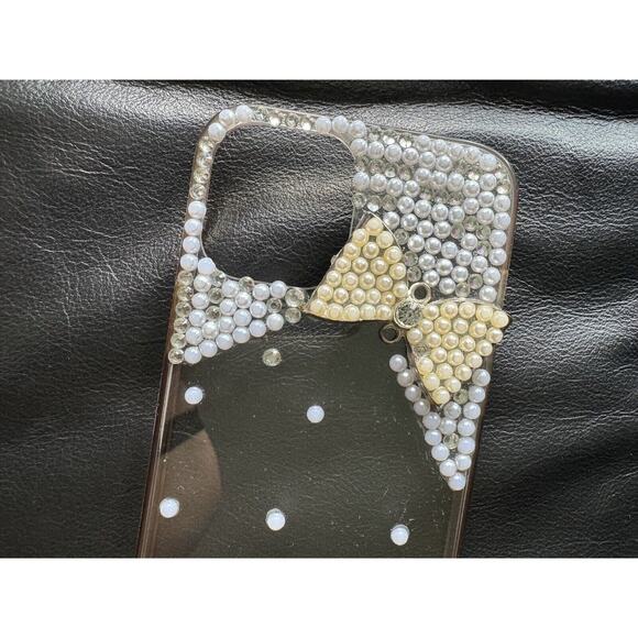 iPhone 12 Pro Max Cell Phone Case Pearl Clear White Bow Coquette Rhinestone - Picture 2 of 3
